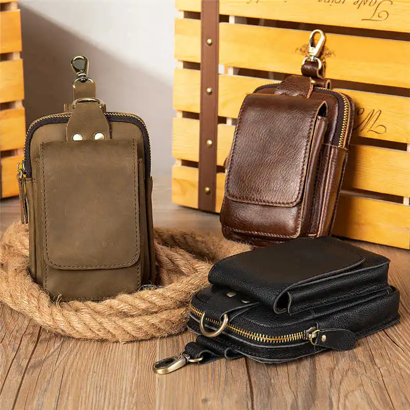 

Crazy Horse Leather Waist Packs Men Vintage Small Fanny Pack With Cigarette Case Belt Phone Bag Male Hook Loops Bum Bag