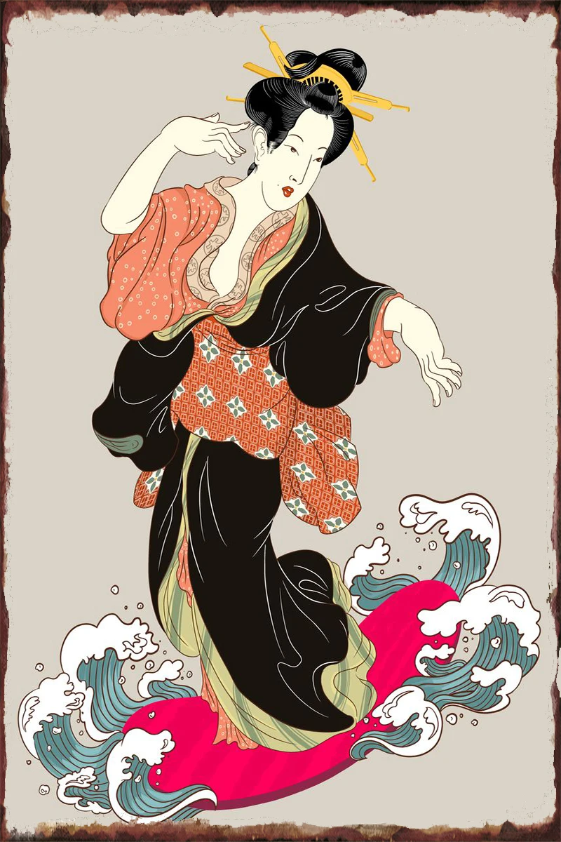 

Жестяная Табличка для серфинга ukiyoe, декор для стен в стиле ретро, винтажный металлический знак для искусства, мужская пещера, кафе, паба, дом...