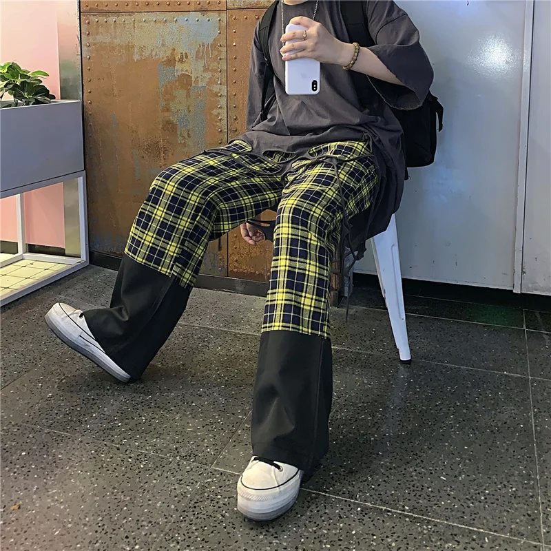 Harajuku брюки унисекс с клетчатым узором свободные длинные женские мужские штаны верхняя одежда Лоскутные Брюки уличная хипстерская осенняя одежда для пар