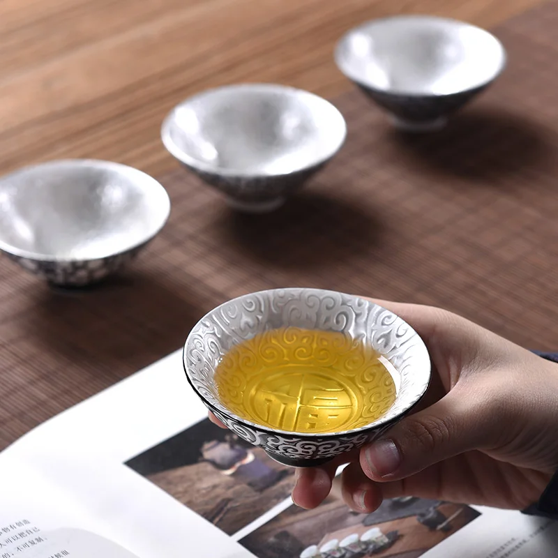 75ml Tea Cup Ceramic Bowl Vintage 999 Silver Porcelain Teacup Small Puer Bowls Teaware Drinkware Container Decoration | Дом и сад