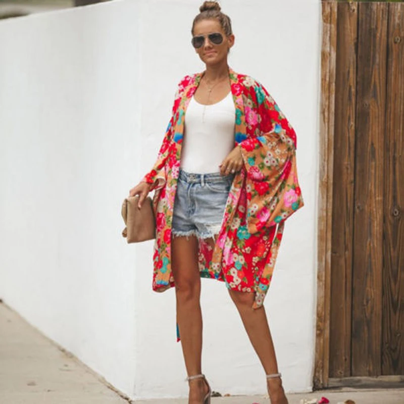 Women Long Sleeve Bohemian Style Cover Up Floral Loose Long Blouse Kimono Long Cardigan Flare Sleeve Print Shirt