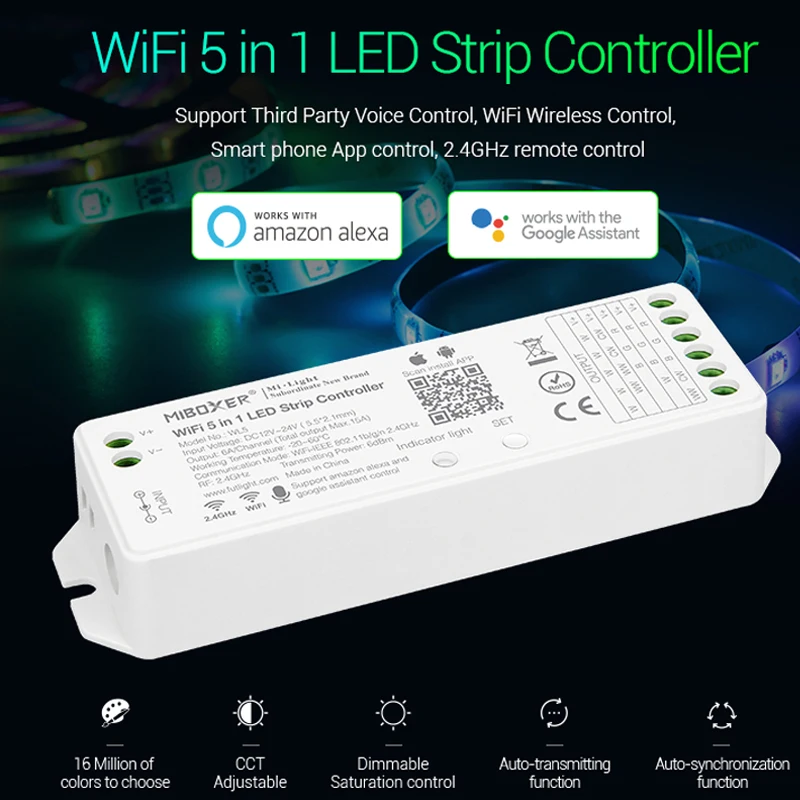 Miboxer WL5  WIFI LED Controller Amazon Alexa Voice phone App Remote Control Support RGB RGBW CCT Single color led strip light
