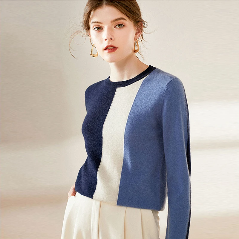 Трикотажные женские пуловеры из смешанной шерсти лоскутные с круглым вырезом и