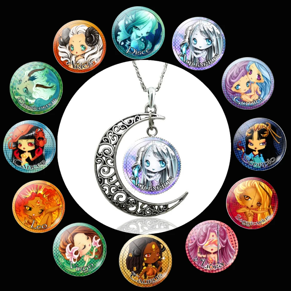 

Silver Color Metal Moon Drop Pendant Necklace for Women Jewellery Accessories 12 Constellation Phpto Virgo Leo Cancer Jewelry