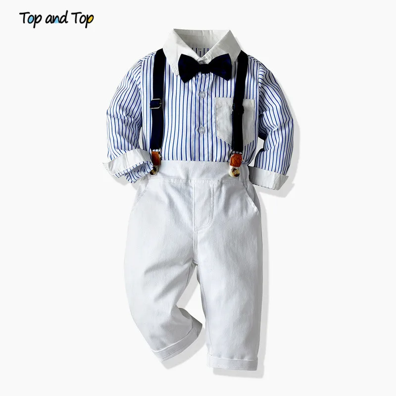 Top and Children Boys Clothing Set Gentleman Outfits Long Sleeve Striped Bowtie Shirt+Suspender Trousers Kids Clothes | Детская одежда