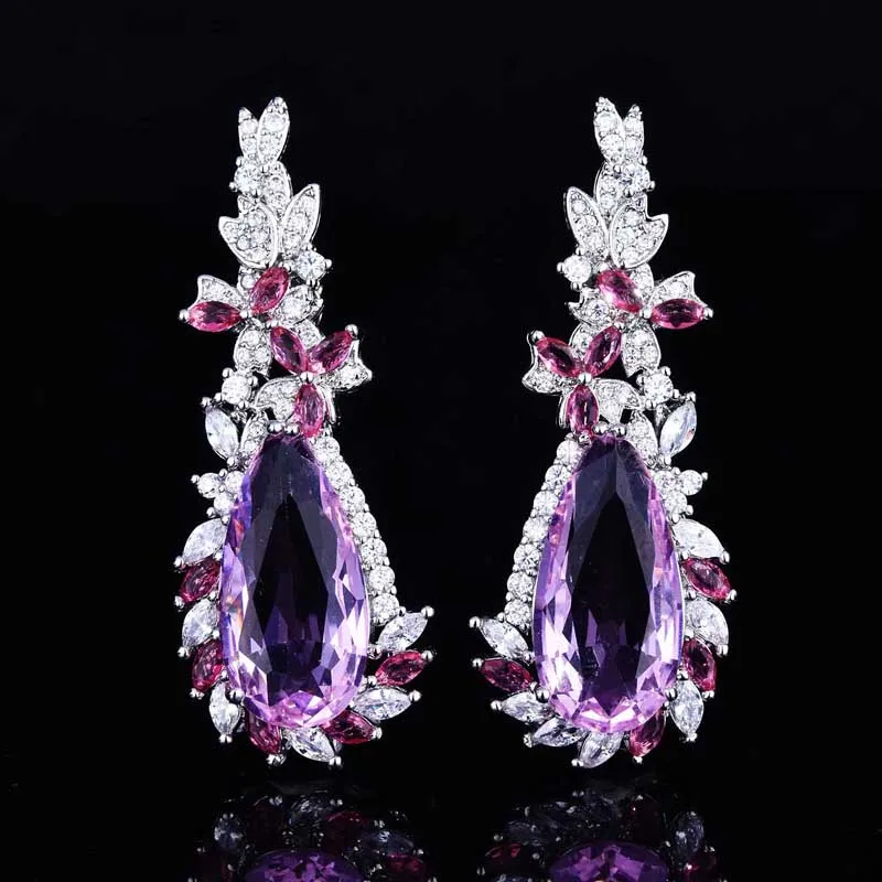 

2021 New Trend Unique Design Pendant Necklace Inlay Pink Cubic Zircon Exquisite Piercing Earrings For Women Wedding Jewelry Set