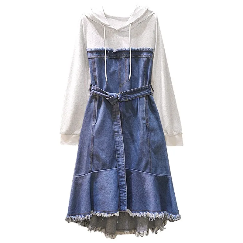 Женское джинсовое платье с бахромой и капюшоном размера плюс 5XL Длинное