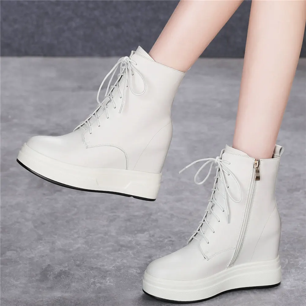 Fashion Sneakers Women Genuine Leather Wedges High Heel Ankle Boots Female Winter Round Toe Platform Pumps Shoes Casual Shoes