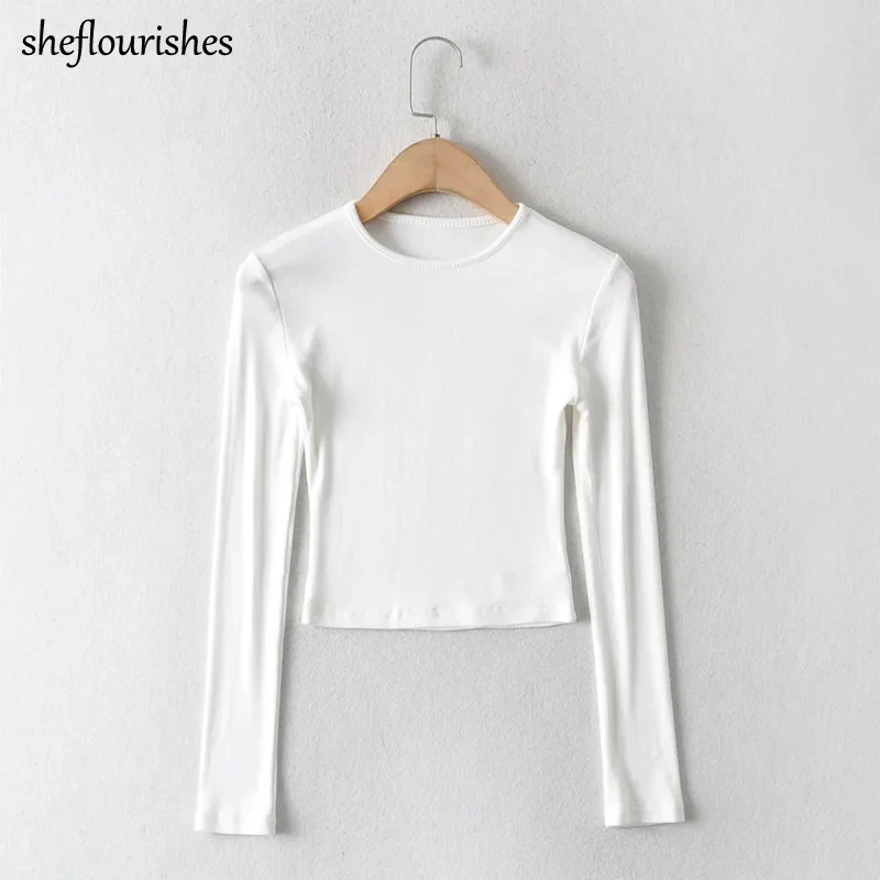 

Повседневная футболка, женские рубашки с длинным рукавом, весна 2021, вязаная рубашка, Корейская облегающая укороченная футболка с круглым вы...