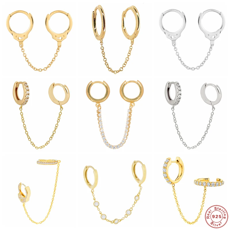 

Aide 925 Sterling Silver White Zircon Double Circle Chain Hoop Earrings For Women Ear Bone Cuff Buckle Cartilage Huggie Earrings