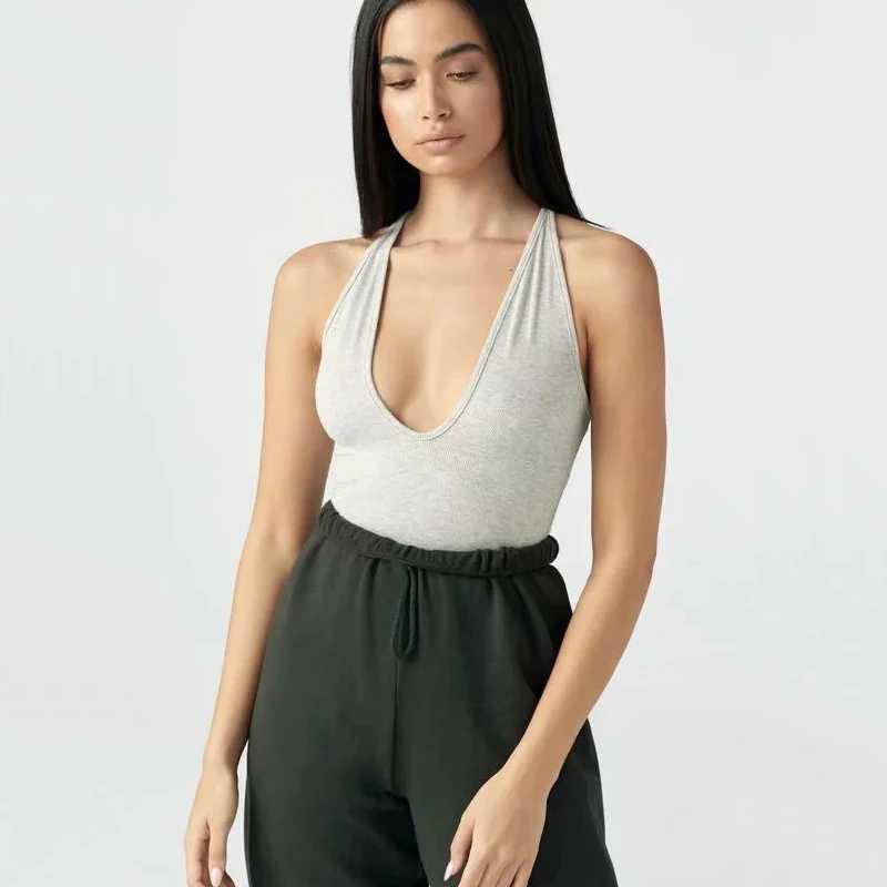 

Women Plunge Neck Tank Rib Bodysuit With Racer Back