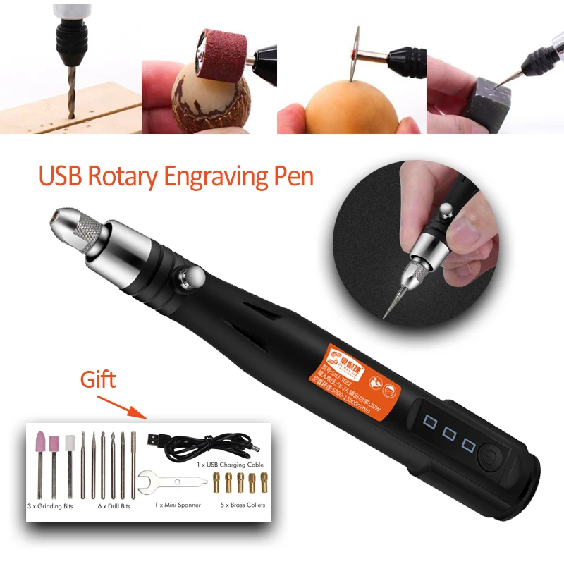 

Adjustable 3 Speeds Electric Grinder 15000rpm Mini Drill Rotary Tools Grinding Machine USB Engraving Pen with Drill Bits Tools