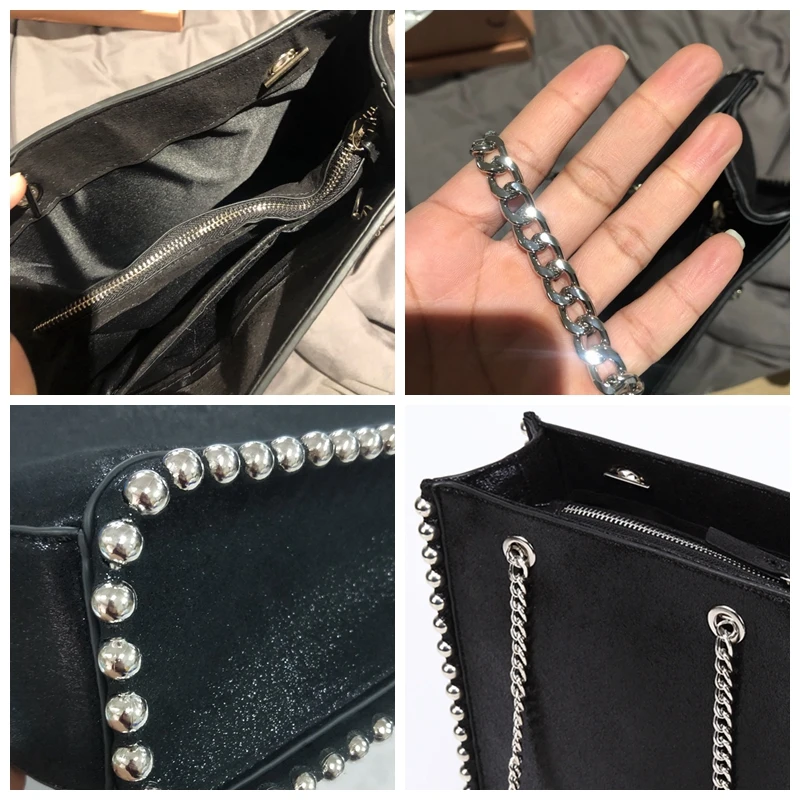 

Retro Chains Rivet Large Capacity Tote Bag Women Shoulder Bags Lady Commuting PU Leather Purses Bags Solid Color Bag Bead Bolsa