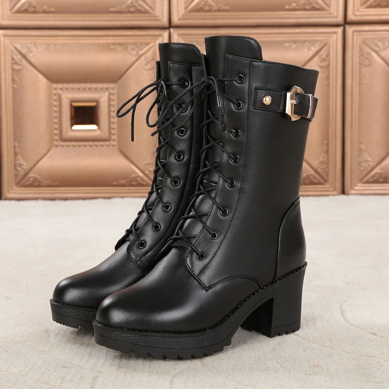 Fujin/женские ботинки из натуральной кожи и шерсти Прямая поставка Меховые теплые