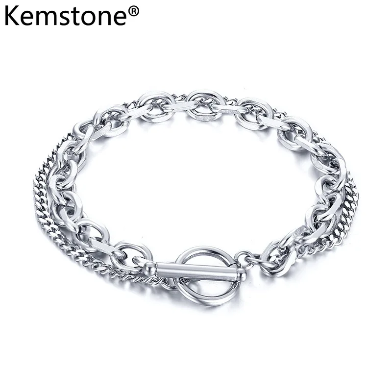 

Kemstone Stainless Steel Double Layer Silver Plated Male Chain Bracelet 19/21CM Jewelry Gift for Men