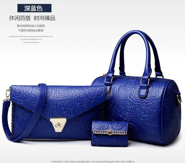 Blue Горячая Распродажа, 3 штуки, женские сумки, наборы, кошельки и сумочки, кожа, цветы, тиснение, модные сумки через плечо - Цвет: Blue