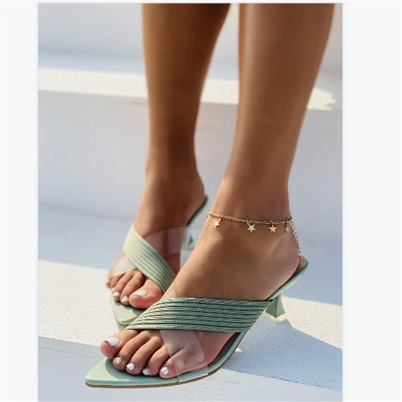 

2021 New Ankle Strap Green Women's High Heels 11CM Sandals Pointed Toe Female Party Shoes Sandalias de mujer