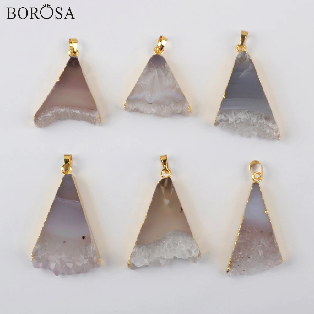 

BOROSA 5 шт. Новые Треугольные натуральные Агаты Druzy Подвески для женщин 18 ''золотые натуральные полосы Druzy Кулон ожерелье ювелирные изделия G1961