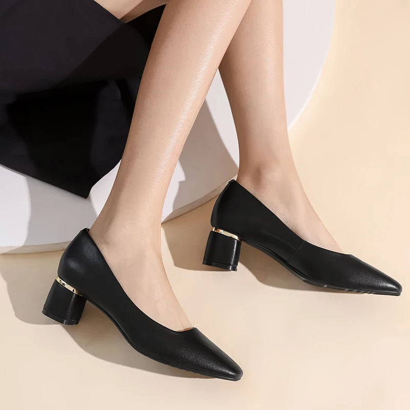 

Newest Thick Heels Pumps For Women Concise Designer Shoes Woman Fashion Spring Genuine Leather Party Basic Women Shoes