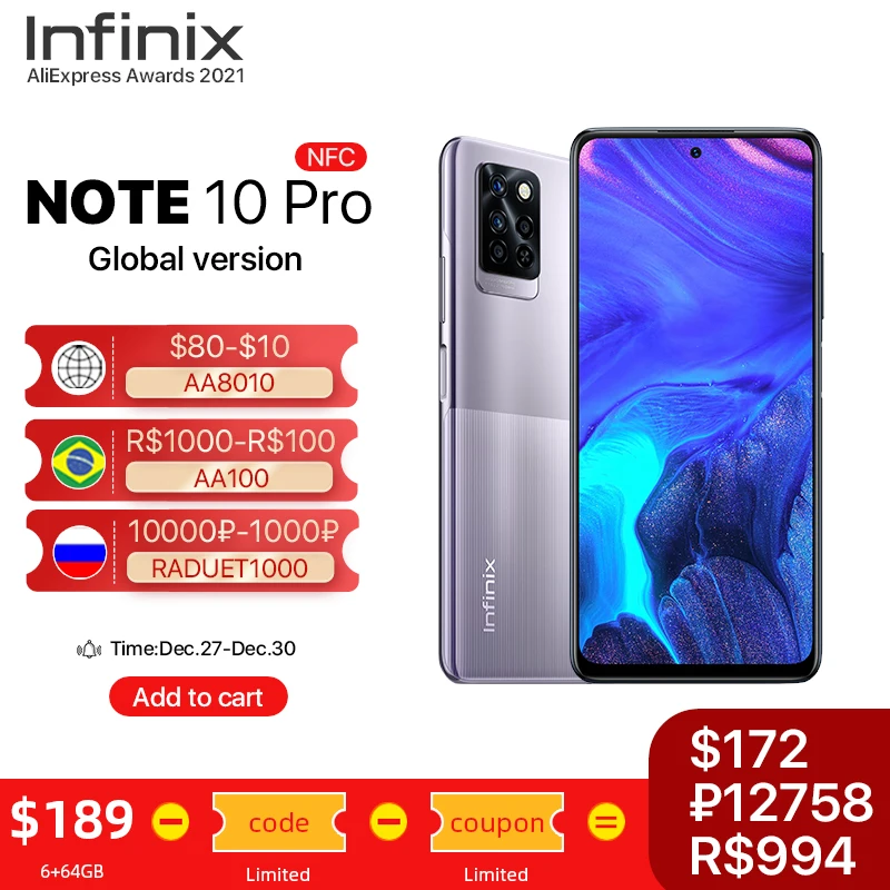 Global Version Infinix Note 10 Pro NFC Support 6.95'' Display Smartphone Helio G95 64MP Camera 33W Super Charge 5000 Battery |