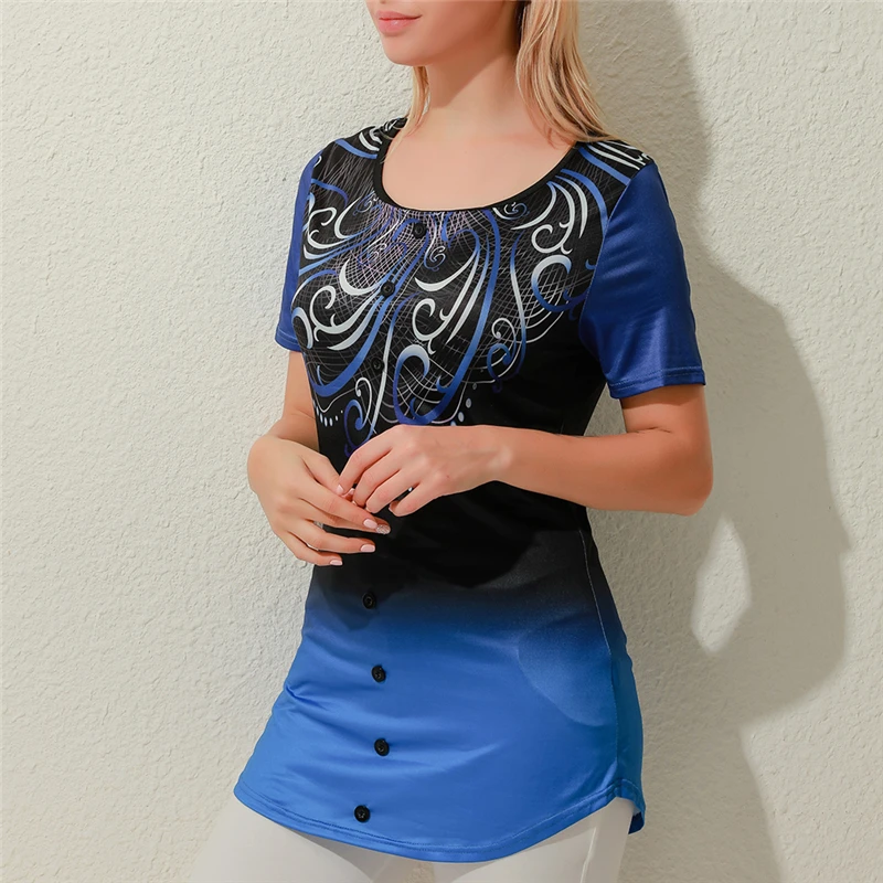 

Женская футболка на пуговицах, Повседневная Свободная футболка с коротким рукавом и 3D градиентным принтом, лето 2020