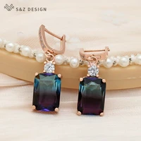 sz design new fashion 585 rose gold cubic zirconia square tourmaline dangle earrings for women wedding fine elegant jewelry
