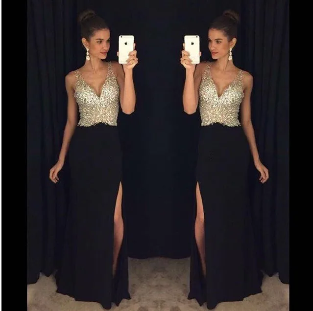 

BacklakeGirls 2020 New Arrival Contrast Color Sexy V Neck Sleeveless Sequined Long Evening Dress Robe De Soiree Longue