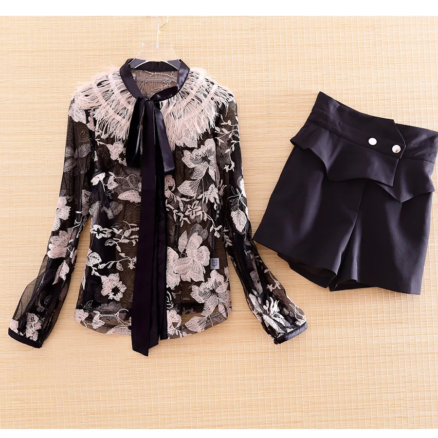 

High-end Spring Summer Women 2 Pieces Fashion Set Embroidery Mesh Shirt Top + Black Shorts Elegant Lady Suit S-XL