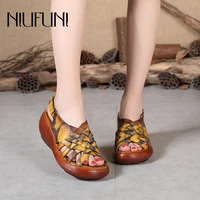 niufuni vintage hand woven womens sandals wedges platform gladiator women shoes first layer cowhide sandals elastic band hollow