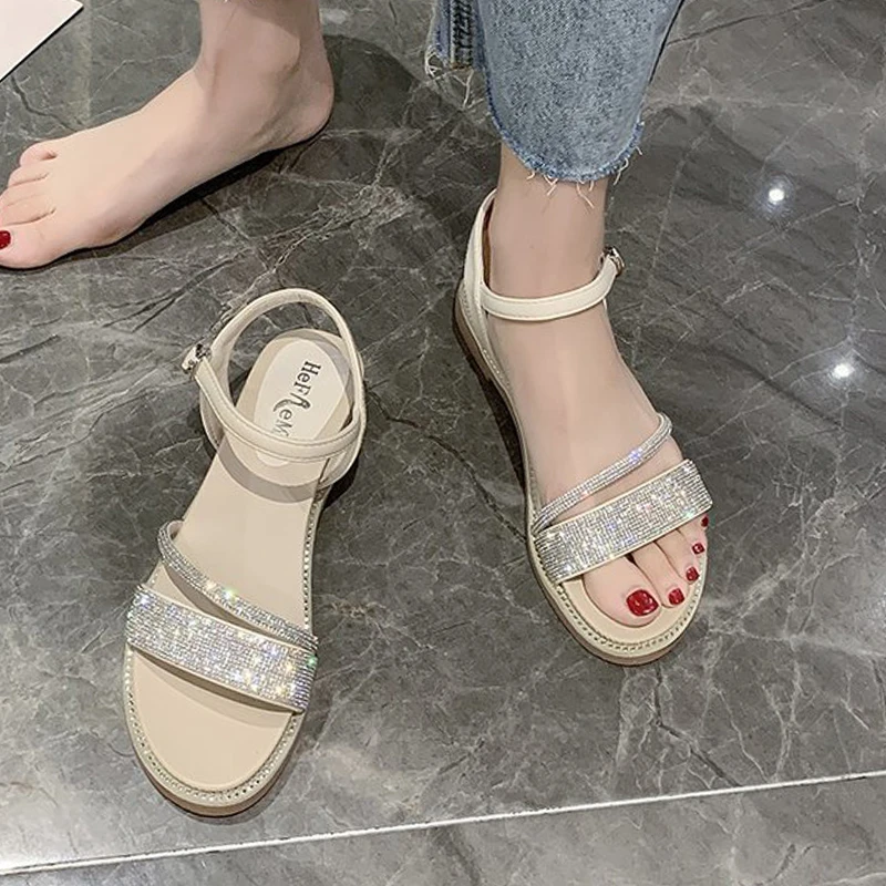

Buckle Fashion Womens Shoes 2021 Beach Sandals Clear Heels Suit Female Beige All-Match Luxury Girls Black Flat New Strap Low