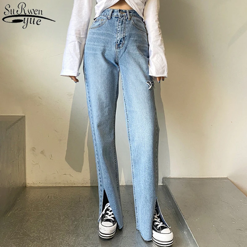 

Женские рваные джинсы, винтажные прямые брюки с высокой талией, с разрезами, свободные джинсы, в Корейском стиле, 10393