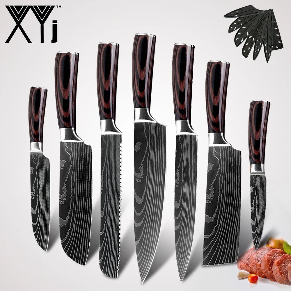XYj японские кухонные ножи из нержавеющей стали набор инструментов лазерный