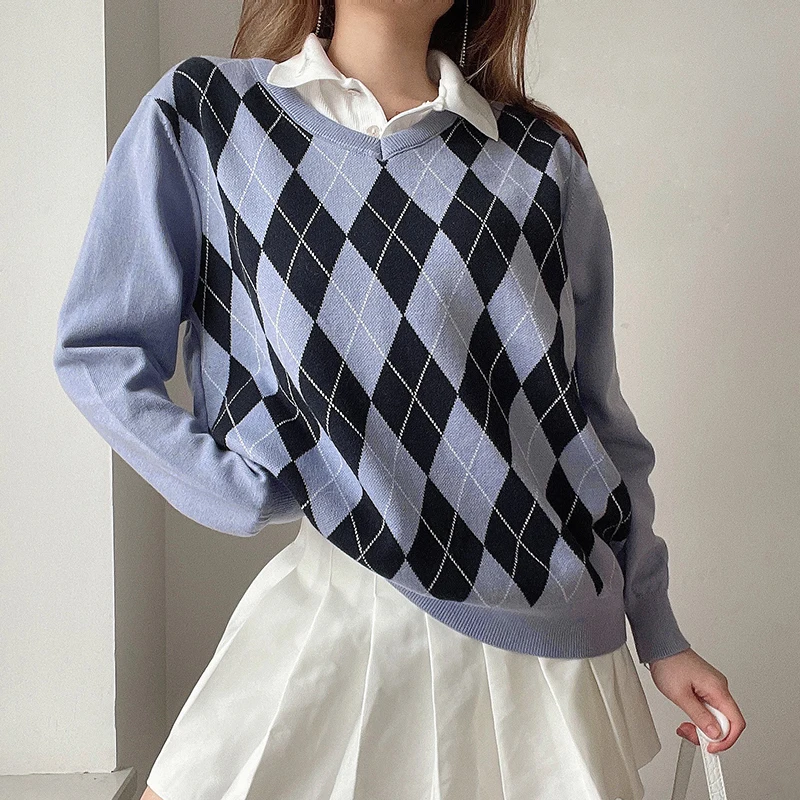 

Осенне-зимний винтажный Свитер оверсайз с узором ромбиками синий вязаный милый свитер с треугольным вырезом 90-х годов гранж-тянущийся трик...