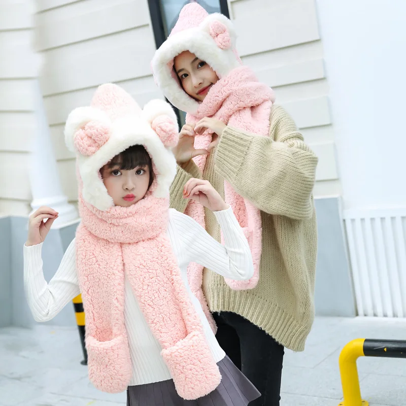 Snow bud 2PCS Модная шапка для животного с капюшоном из искусственного меха, с бантом, с ушками, с карманами для рук, для женщин, 3 в 1, теплая плюшевая шапка с шарфом, перчатки для мамы и ребенка - Цвет: Snow bud 2PCS