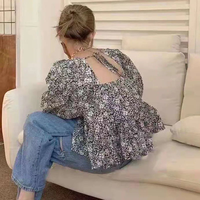 

GALCAUR Pullover Floral Shirt For Women Square Collar Puff Short Sleeve Backless Loose Blouses Female Fashion New Clothing 2021