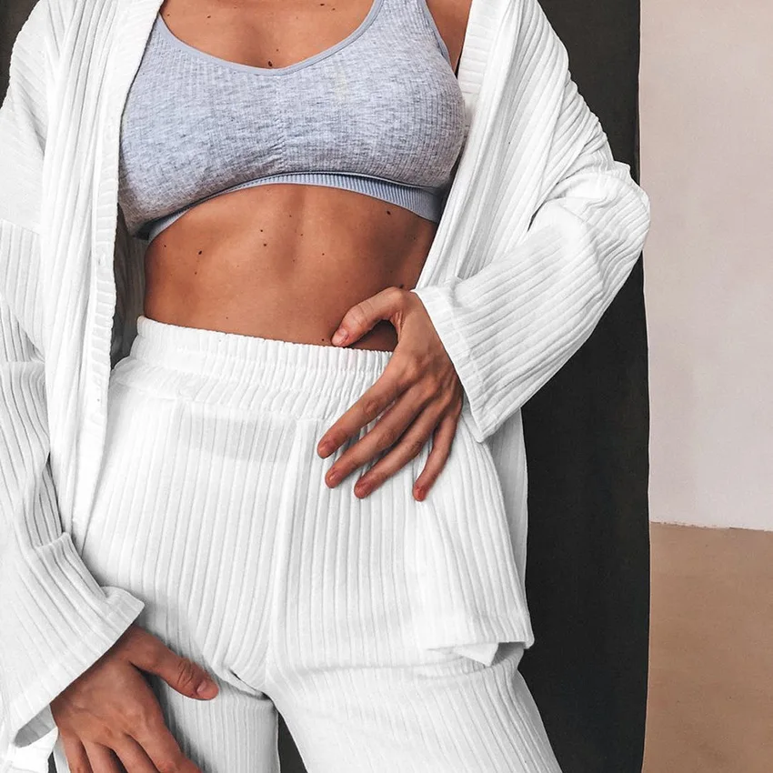 Women Knitting Loungewear Set V Neck Nightwear Long Sleeve Top and Long Pants Pajamas AW21 NewLadies Homewear