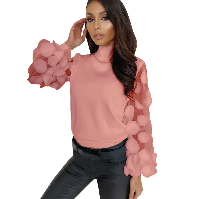 

Women's Sheer Mesh See-through Blouse 2020 New Fashion Elegant Slim Polka Dot Puff Long Sleeve Tops Shirt Turtleneck Fall Blouse