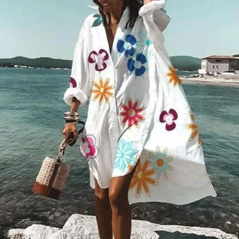

Women Irregular Shirt Dress V Neck Button Print Dress Casual Elegant Long Sleeves Loose Sexy Beach Party Dresses New Fall Summer