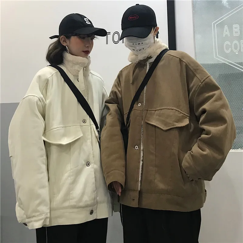 Винтажная уличная однобортная куртка унисекс Свободная теплая верхняя одежда из