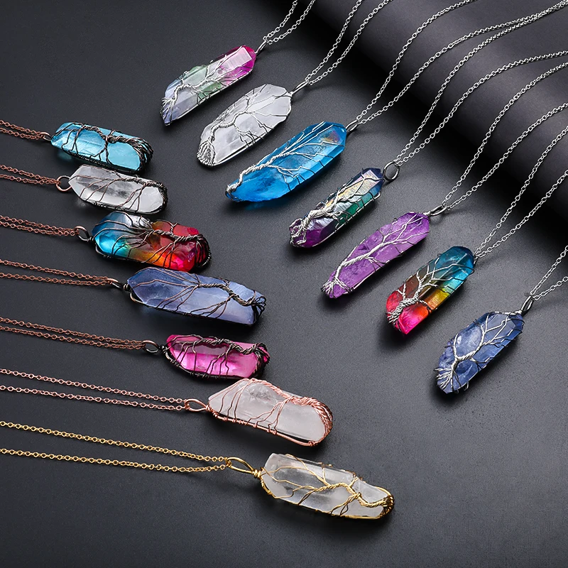 Reiki Chakra Rainbow Natural Stone Copper Wire Wrapped Pendant Necklace for Women Men Long Chain Tree of Life Statement Jewelry | Украшения