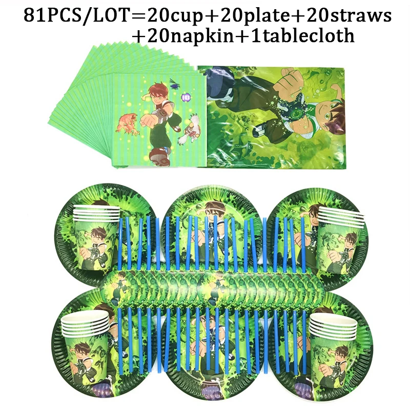 

Green Ben 10 Theme Party Disposable Tableware Set Boy Ben 10 Party Paper Cup Plate Tablecloth Kids Party Supplies Decorate Flags