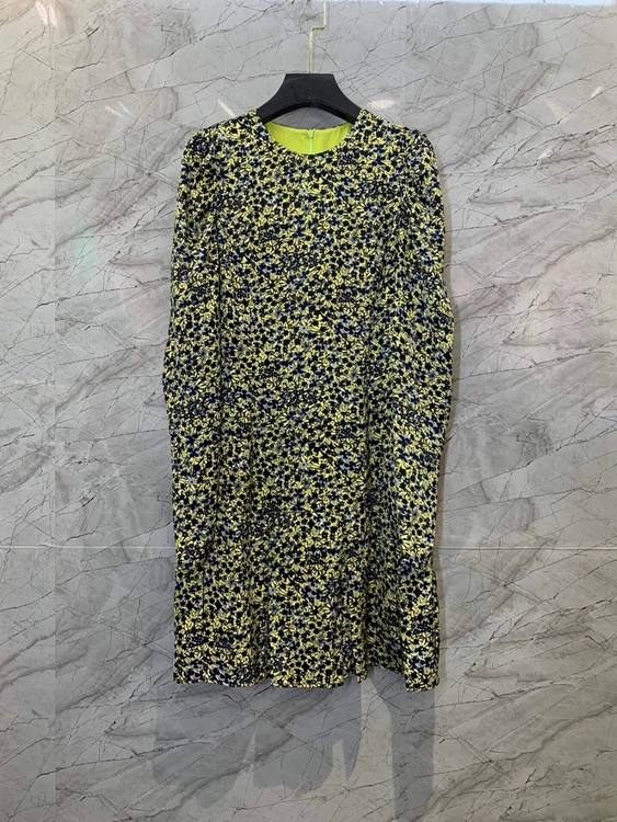 

2022 new women fashion long-sleeved round neck print wrinkled floral casual dress 1216