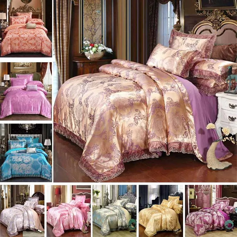 3pcs European luxury High Quality Satin Jacquard  Bedding Lace Set Duvet Cover Set 1 Quilt Cover + 2 Pillowcases Queen King size