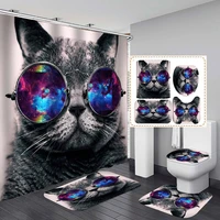 funny cat polyester fabric shower curtain non slip bath mat toilet lid cover rugs animal home bathroom decor set