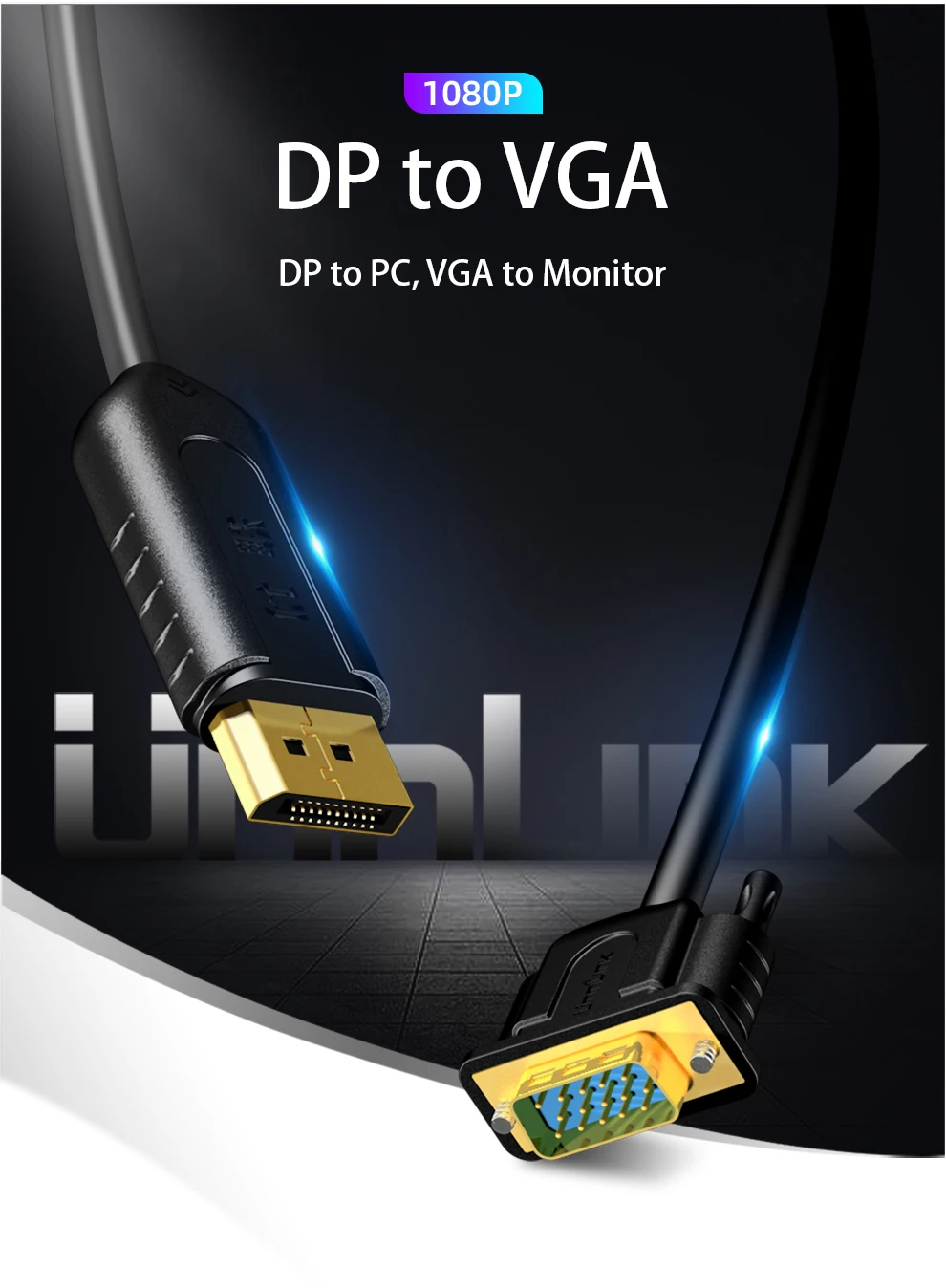 Unnlink Displayport DP в VGA кабель преобразователь FHD 1080P @ 60 Гц для графической карты