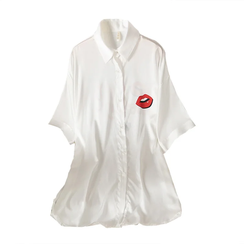 

Sexy Women Nightgown Summer Short Sleeve White Shirt Nightdress Sleepwear Loose Casual Faux Silk Home Dresss Intimate Lingerie