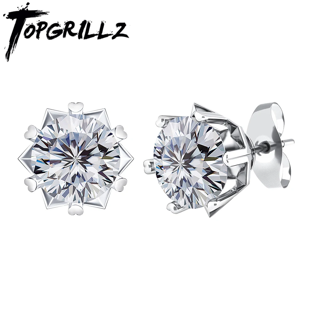 

TOPGRILLZ Real Classic Round Cut Moissanite 0.1-2 Carat D Color VVS1 Stud Earrings 925 Sterling Silver Fine Jewelry For Wedding