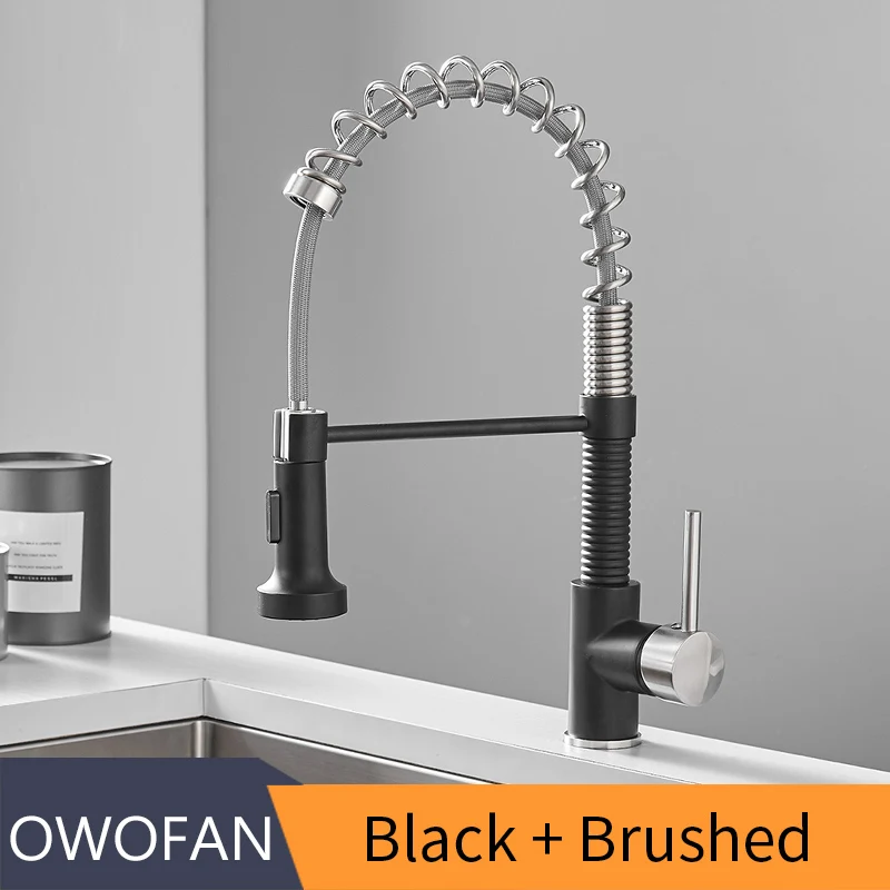 Black WithBrushed OWOFAN Современная полированная черная латунная кухонная раковина кран Выдвижная Одиночная Вращающаяся ручка Носик сосуд Раковина Смеситель кран N22-206 - Цвет: Black WithBrushed