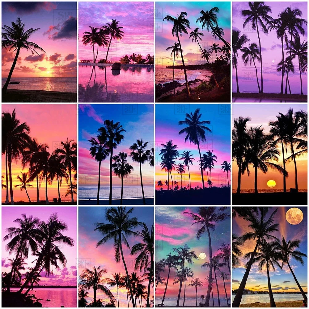 

5D Diy Diamond Painting Sunset Landscape Full Square Diamond Embroidery Coconut Tree Seascape Home Wall Art Decoration Kits Gift