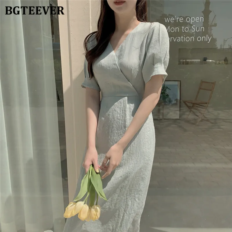 Платье BGTEEVER женское из хлопка и льна повседневное светло зеленое ТРАПЕЦИЕВИДНОЕ